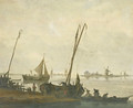 Fishermen mooring their boats on the bank of a river, a sailing boat and a river bank with windmills beyond - (after) Jacob Esselens