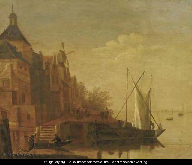 A river landscape with boats moored at a townside - (after) Jacob Adriaensz. Bellevois