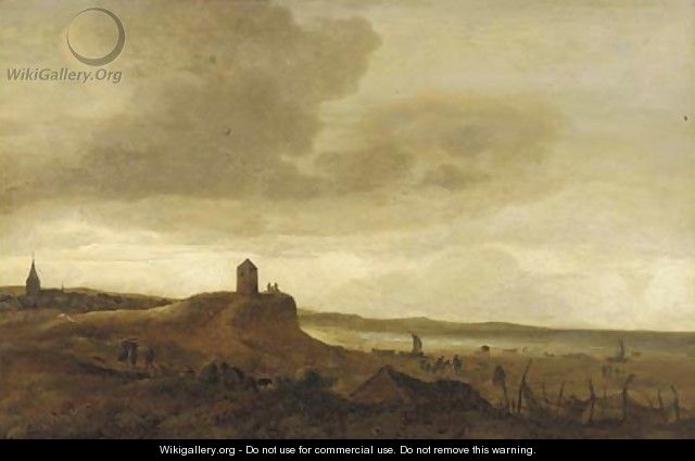 A coastal inlet with travellers on a track and other figures in the foreground - (after) Isaack Van Ruysdael