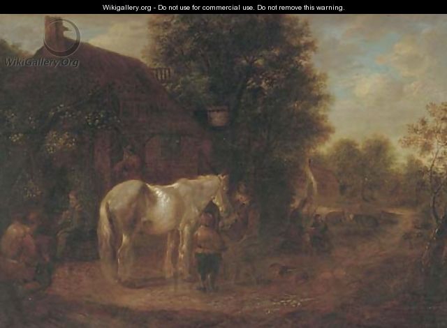 Peasants feeding a horse outside an inn - (after) Isaack Jansz. Van Ostade
