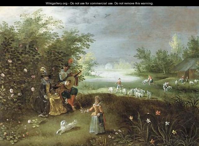 Elegant company making music in a garden, a landscape beyond - (after) Isaac Van Oosten