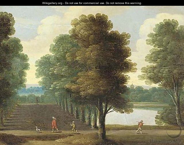 A wooded landscape with an elegant traveller in an avenue of trees by a lake - (after) Isaac Van Oosten