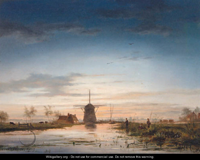 Anglers beside a Canal with a Windmill beyond - (after) Jacobus Theodorus Abels