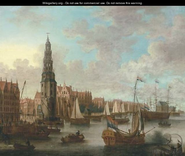 A view of the IJ, Amsterdam with the Haringpakkerstoren - (after) Jacobus Storck