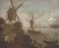 A river landscape with figures and boats by a windmill - (after) Jacobus Storck