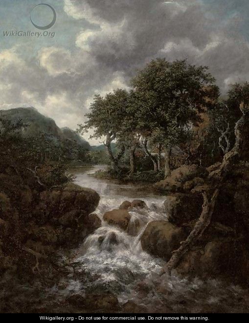A wooded river landscape with a waterfall - (after) Jacob Van Ruisdael