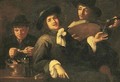The Five Senses three men smoking, drinking and making music - (after) Jacob Van, The Elder Oost