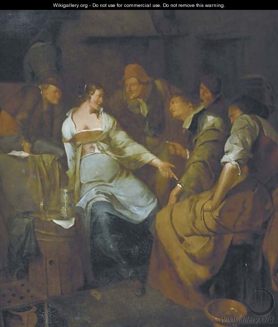 A young courtesan with other figures making merry in an inn - (after) Jacob Van Ochtervelt