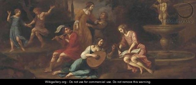 Elegant company making music in a classical landscape - (after) Jacob Van Loo