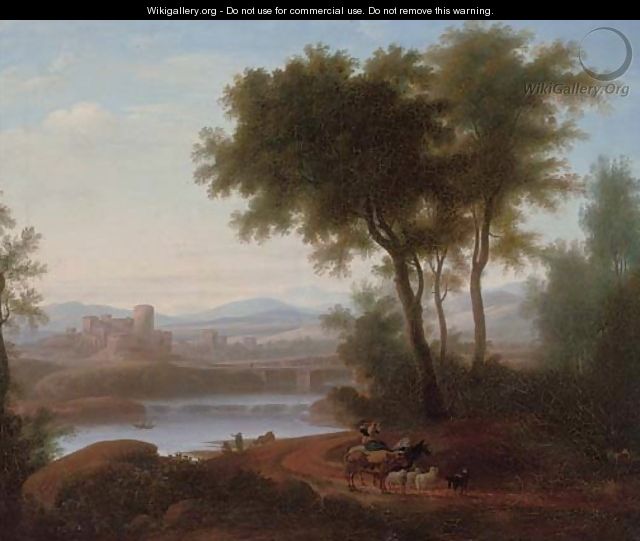 An Italianate river landscape with a drover playing a flute, his cattle on a track, a fisherman beyond - (after) Jacob Philipp Hackert