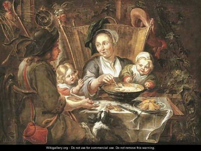 A peasant family dining in an interior - (after) Jacob Jordaens