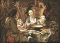 A peasant family dining in an interior - (after) Jacob Jordaens