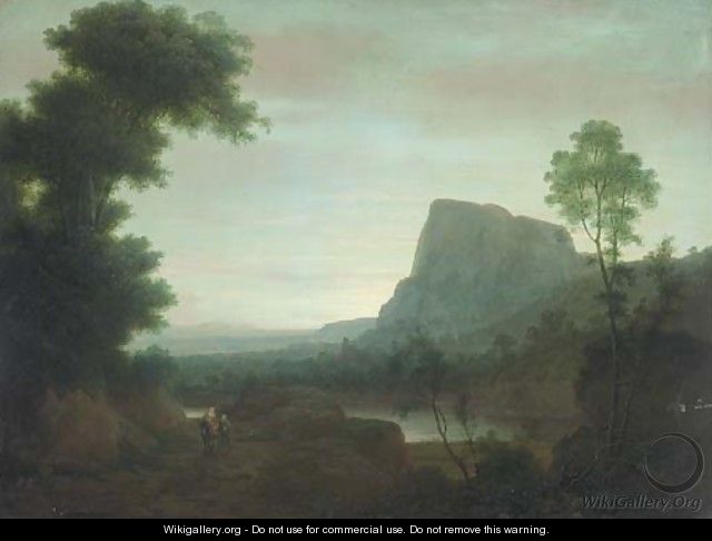 An extensive mountainous landscape with the Flight from Egypt - (after) Jakob Philippe Hackert