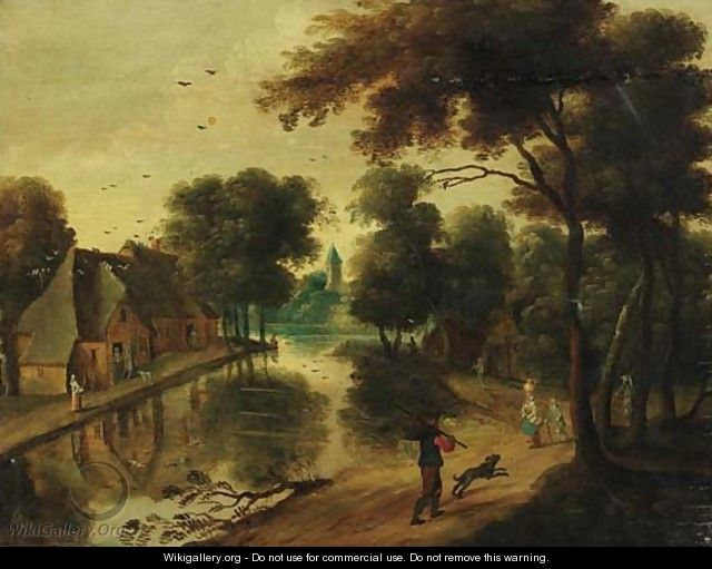 A river landscape with cottages and peasants - (after) Jacques Foucquieres