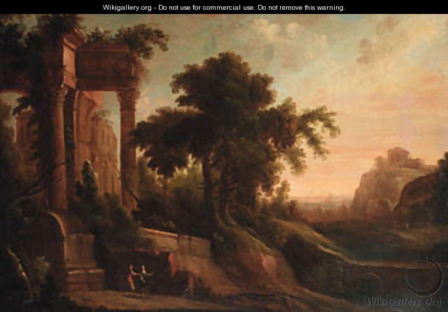 An Italianate landscape with figures by a ruined classical temple - (after) Jacques D