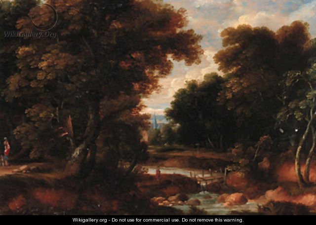 A wooded river landscape with figures on a track, a church beyond - (after) Jacques D