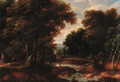 A wooded river landscape with figures on a track, a church beyond - (after) Jacques D' Arthois
