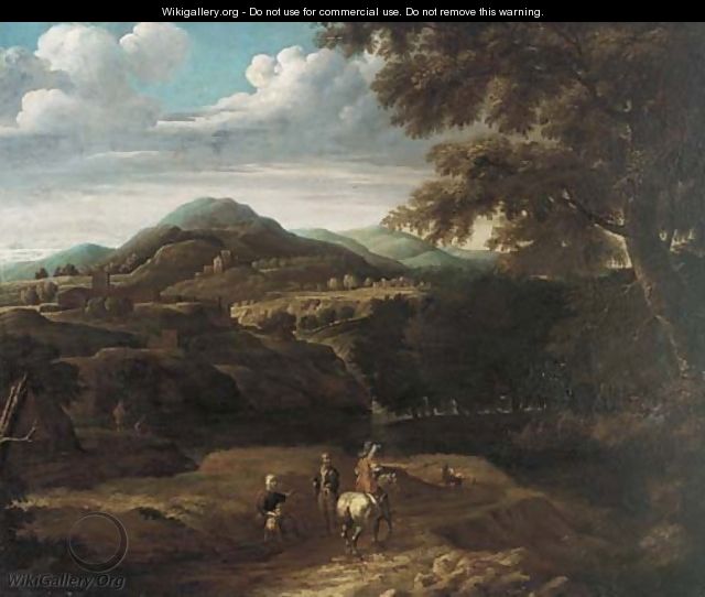 A wooded mountainous landscape with travellers on a track - (after) Jacques D