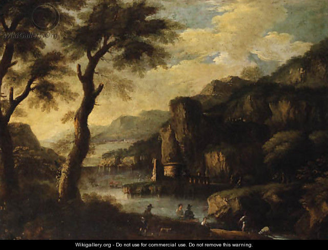 A mountainous River Landscape with Figures on a Path - (after) Jacques D