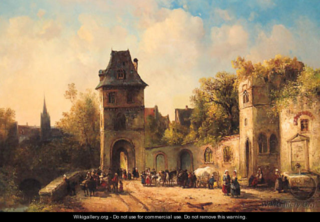Figures gathering near the Gate of a Town - (after) Jacques (Le Bourguignon) Courtois