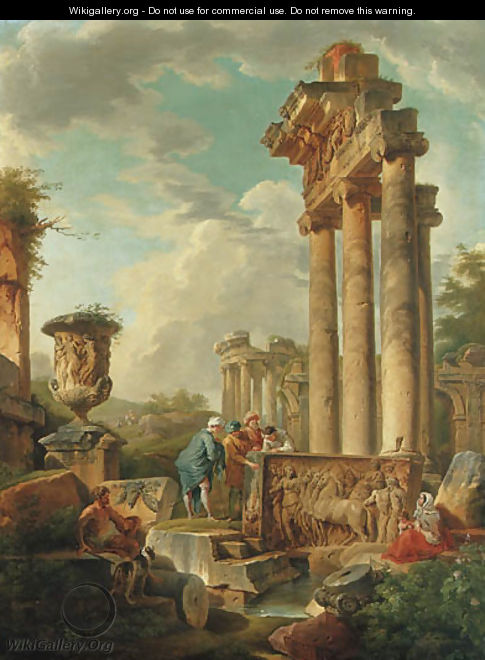 Capricci of Roman Ruins with Figures - (after) Giovanni Paolo Panini