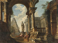 A Capriccio of Roman Ruins with Soldiers resting in the foreground - (after) Giovanni Paolo Panini