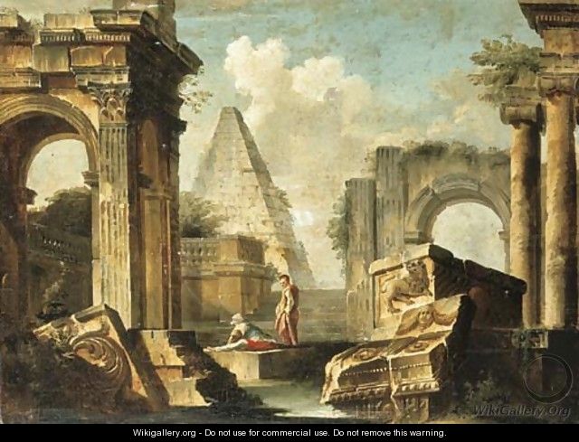 A capriccio of classical ruins with figures - (after) Giovanni Paolo Panini