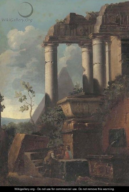 Classical ruins and a pyramid with figures conversing - (after) Giovanni Ghisolfi