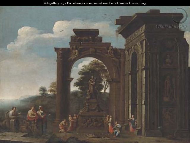 A capriccio of Roman ruins with classical figures adorning a shrine to Ceres - (after) Giovanni Ghisolfi