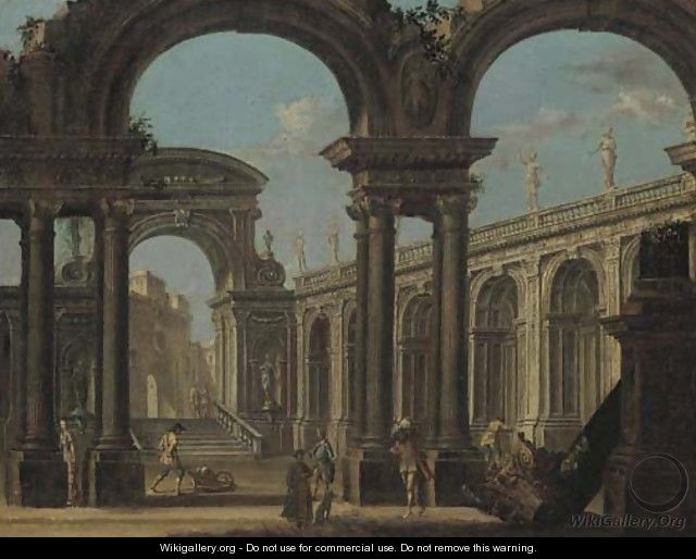 A capriccio of a classical palace with figures - (after) Giovanni Ghisolfi