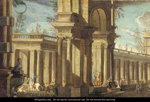 A capriccio of a classical palace with elegant figures - (after) Giovanni Ghisolfi