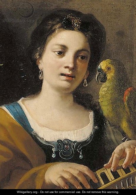 A girl, half-length, playing a keyboard instrument, with a parrot - (after) Giovanni Domenico Tiepolo