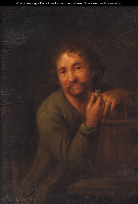 A bearded man with a pipe, leaning on a wooden pail - (after) Godfried Schalcken