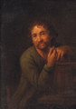 A bearded man with a pipe, leaning on a wooden pail - (after) Godfried Schalcken