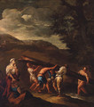 Peasants carrying a fallen tree across a stream in a landscape - (after) Giuseppe Maria Crespi