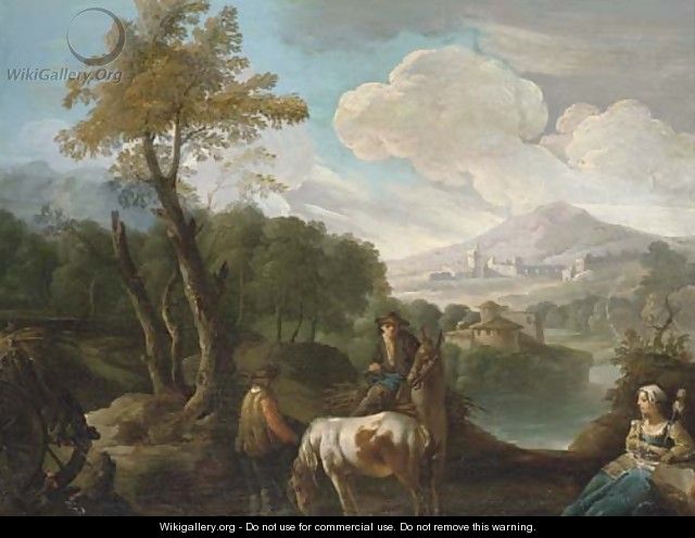 A landscape with farm labourers on a track, a lakeside town beyond - (after) Giuseppe Bernardino Bison