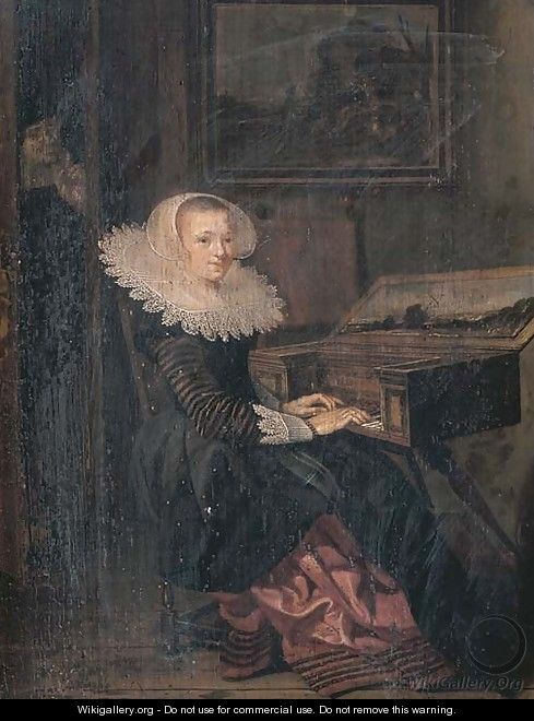 A young woman playing the virginals, a man in the doorway beyond - (after) Hendrick Gerritsz. Pot
