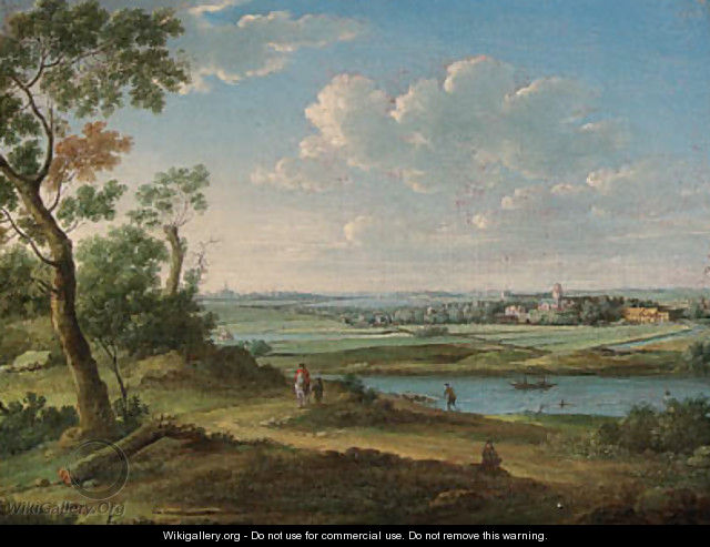 An extensive river landscape with a horseman on a path, a church and town beyond - (after) Hendrik Frans Van Lint (Studio Lo)