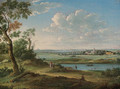 An extensive river landscape with a horseman on a path, a church and town beyond - (after) Hendrik Frans Van Lint (Studio Lo)