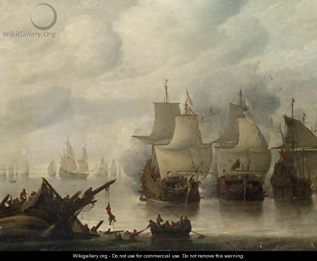 A naval battle between English and Dutch fleets in a calm, sailors abandoning a wreck in the foreground - (after) Hendrick Dubbels