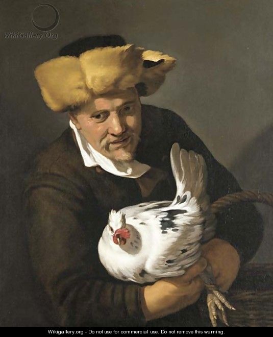 A poulterer in a fur hat holding a hen and a basket - (after) Hendrick Bloemaert
