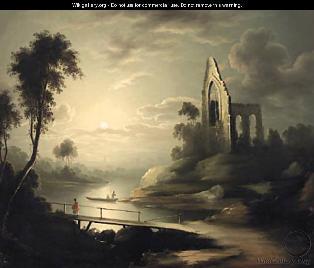 Figures In A Moonlit River Landscape With A Ruined Abbey Beyond - (after) Henry Pether