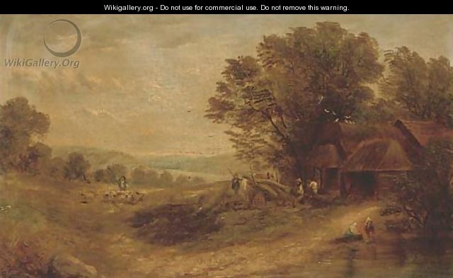 Timberjacks by a cottage, a shepherd and his flock beyond - (after) Henry John Boddington
