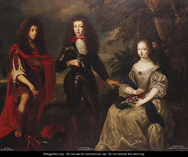 Group Portrait of James, Duke of York, Charles, Prince of Wales and Henrietta, Duchess of Orleans - (after) Henri Gascars