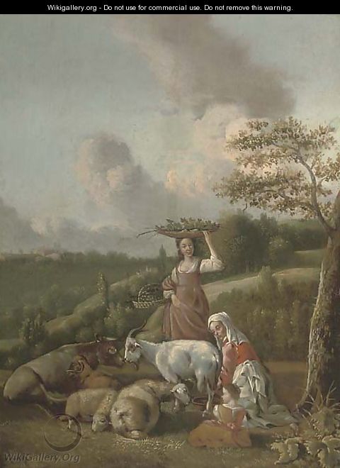 A mother and child milking a goat and a girl carrying baskets of fruit and vegetables in a wooded landscape - (after) Hendrik Mommers