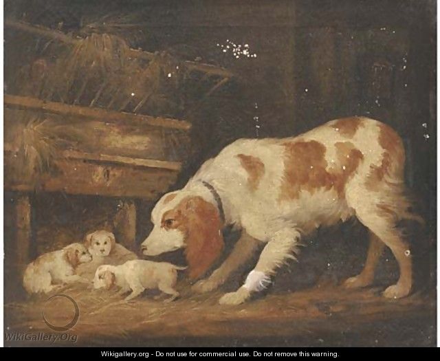A spaniel with her pups in a barn - (after) George Garrard
