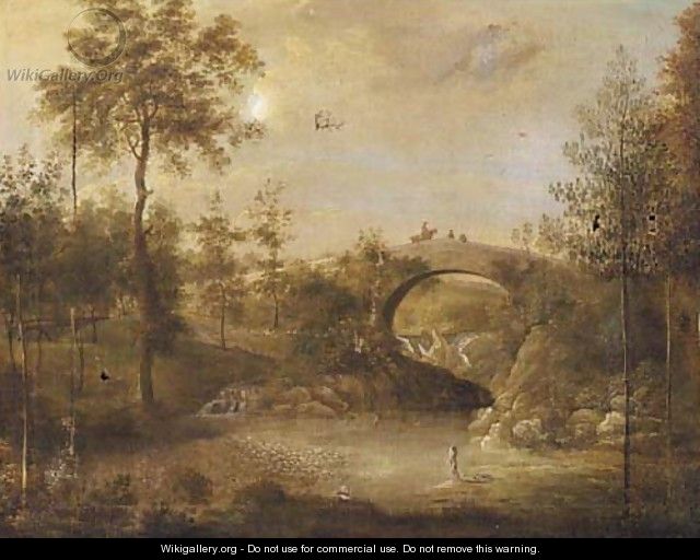 Figures bathing under a bridge in a wooded landscape - (after) George Cuitt