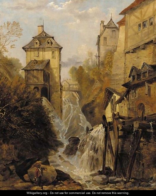 A waterfall through an Alpine town - (after) George Clarkson Stanfield