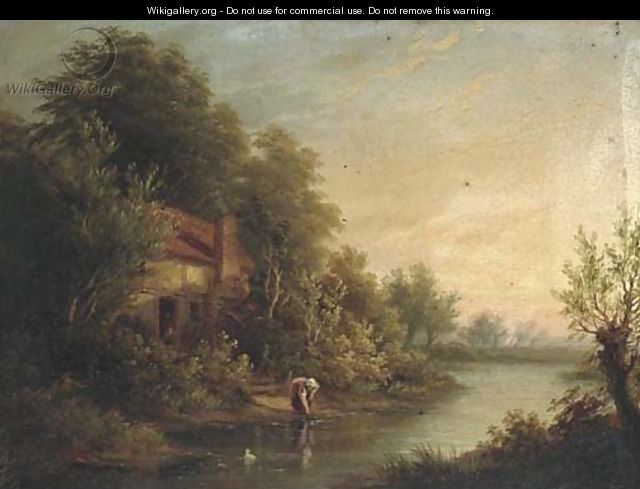 Figures by a cottage in a river landscape; and A goatherd on a wooded track - (after) George Augustus Williams