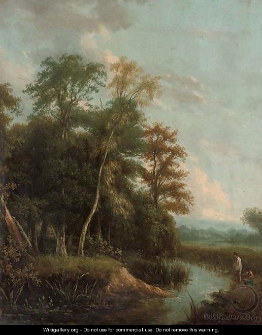 Anglers on a river bank in an evening landscape - (after) George Augustus Williams